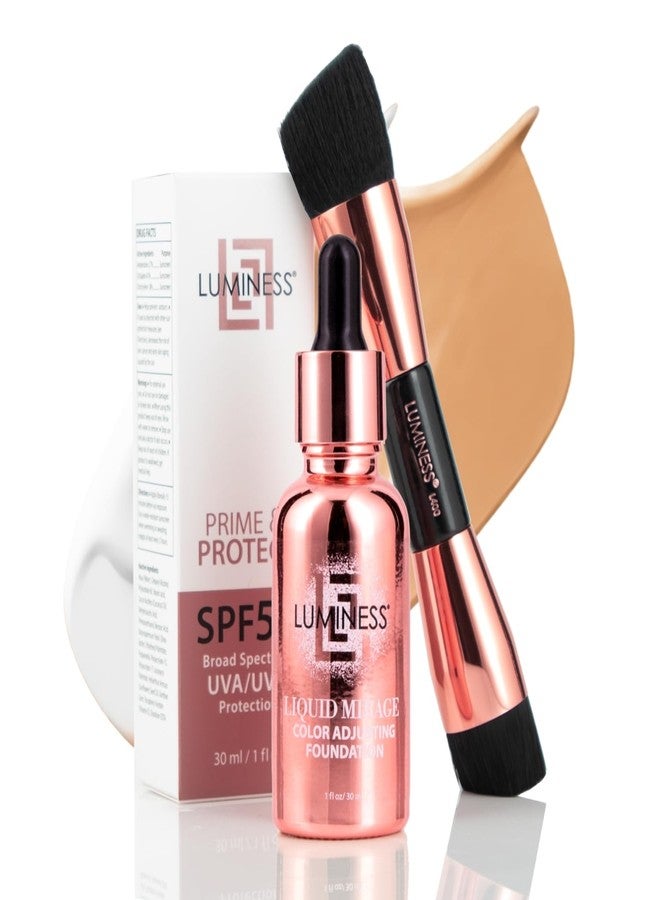 LUMINESS Liquid Mirage 3PC Kit - Color Changing Foundation with SPF 50 Primer & Makeup Brush, Hydrating & Lightweight Face Makeup, 4 in 1 Liquid Foundation, Concealer & Moisturizer (02 Medium) - Image 1